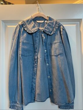 Janie and Jack Light Blue Ruffle Collar Button-Down Shirt